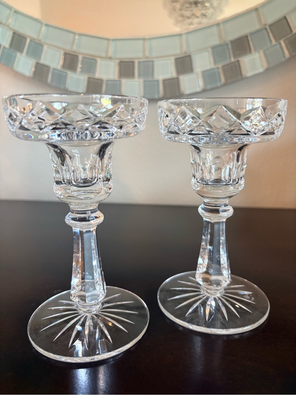 Vintage Cavan Crystal Ireland Candlesticks Pair Hand Cut Geometric Starburst